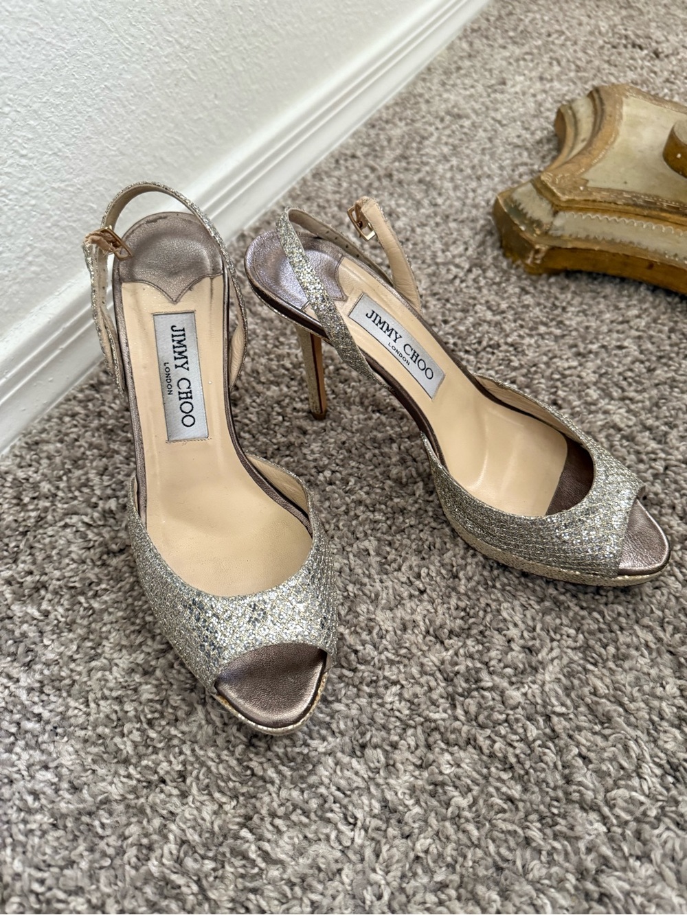Jimmy Choo Silver & Gold Metallic Glitter Peep-Toe Slingback Heels